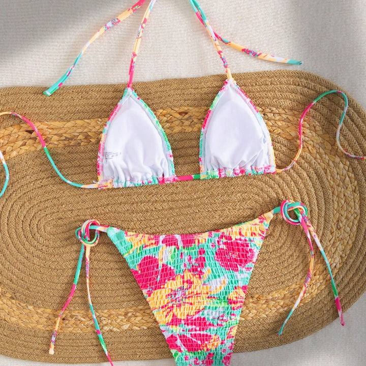 Damen Triangel-Bikini mit buntem Blumenmuster und verstellbarem Bindeband Drune
