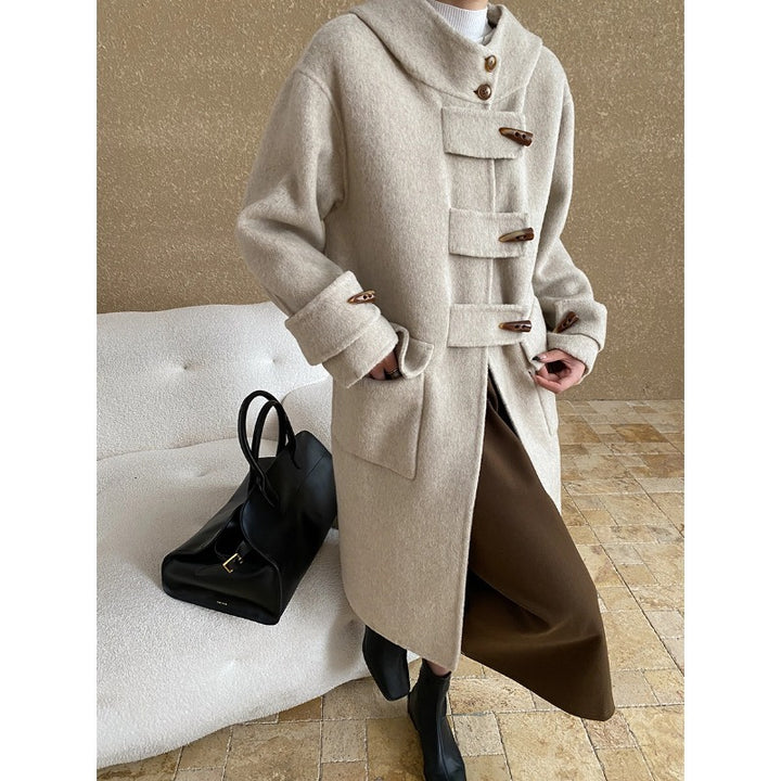 Damen eleganter Wollmantel mit Kapuze und großen Knöpfen Drune