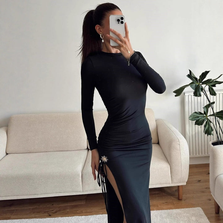 Damen elegantes, figurbetontes Kleid mit Raffungen und hohem Schlitz Drune