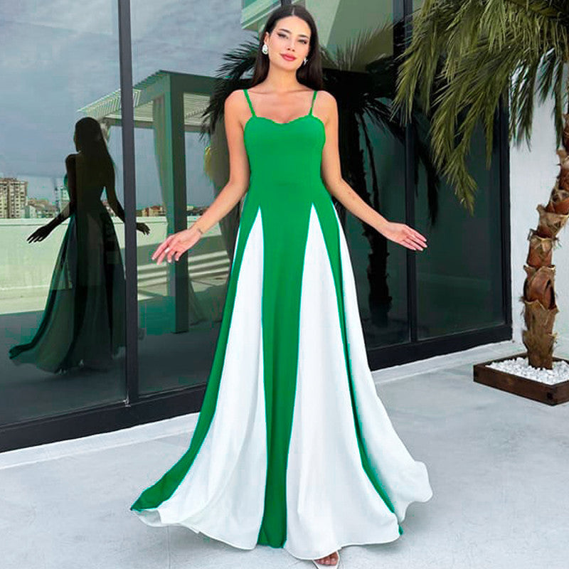Damen Elegantes Maxikleid mit diagonalen Farbakzenten und schmalen Spaghettiträgern Drune