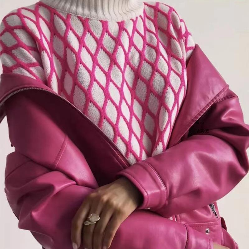 Damen Oversize Strickpullover mit Rautenmuster und Stehkragen Drune