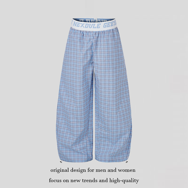 Damen Weite Karierte Lounge-Hose mit elastischem Logobund und Kordelzugsaum Drune
