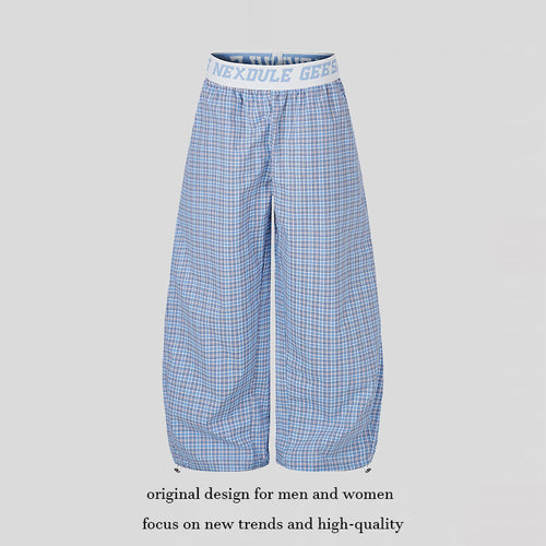 Damen Weite Karierte Lounge-Hose mit elastischem Logobund und Kordelzugsaum Drune