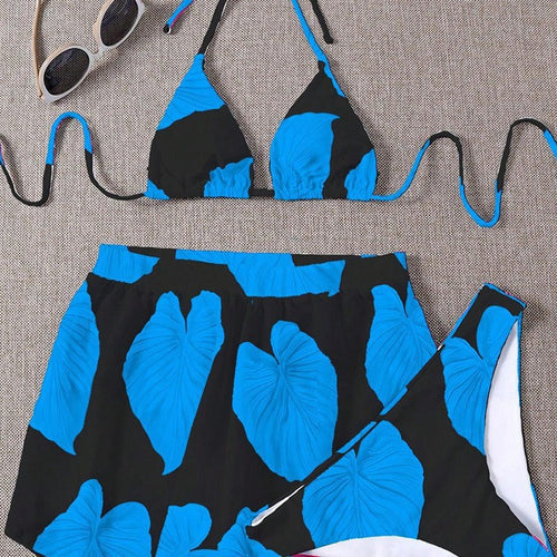 Damen Bikini-Set mit lässigem Rock und verspieltem Tropenblattmuster Drune