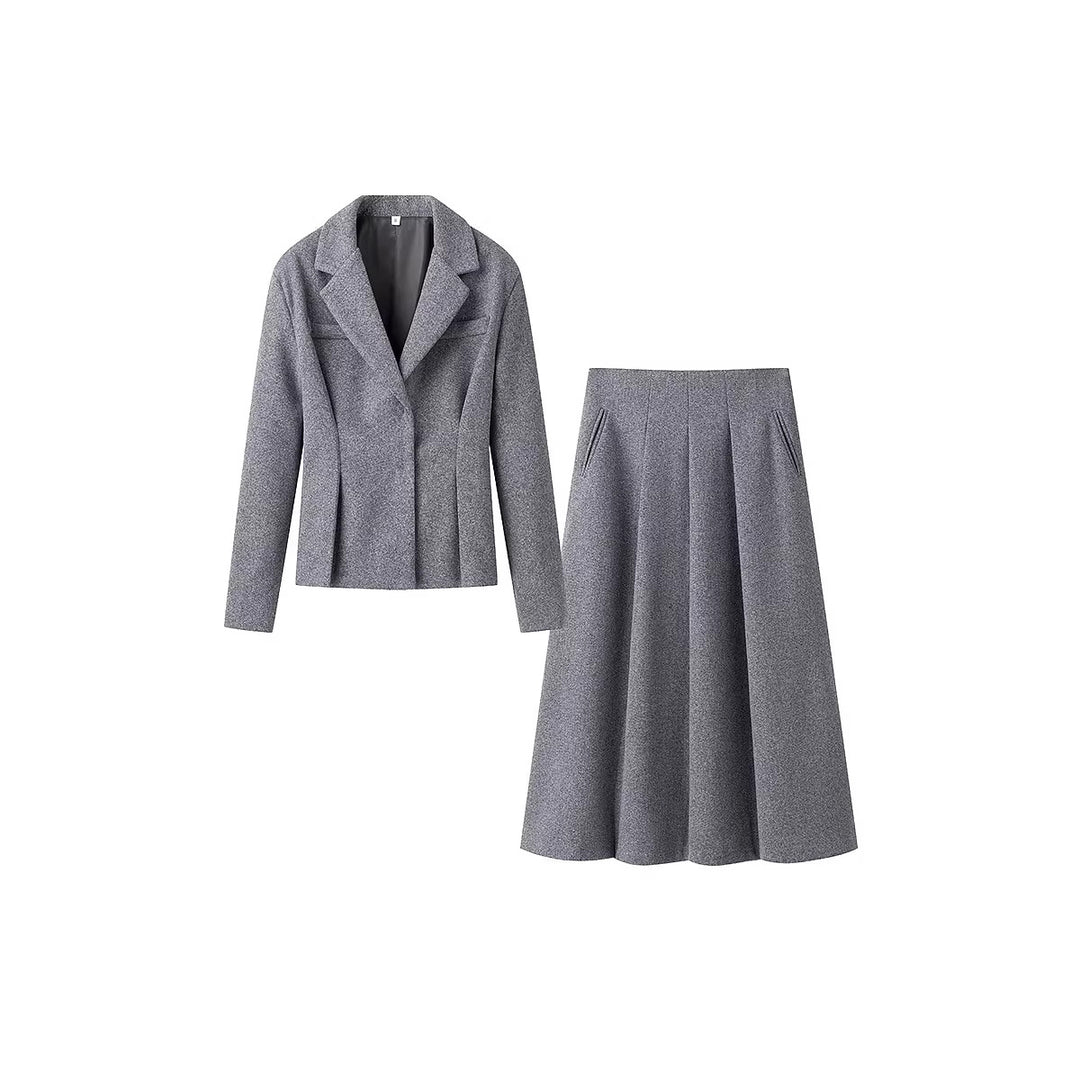 Damen Elegantes Wollmix-Kostüm mit tailliertem Kurzblazer und ausgestelltem Midirock Drune