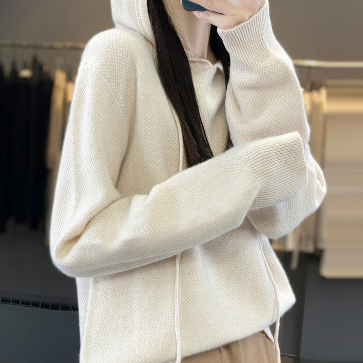 Damen weicher Feinstrick‑Kapuzensweater mit melierter Struktur und gerippten Bündchen Drune