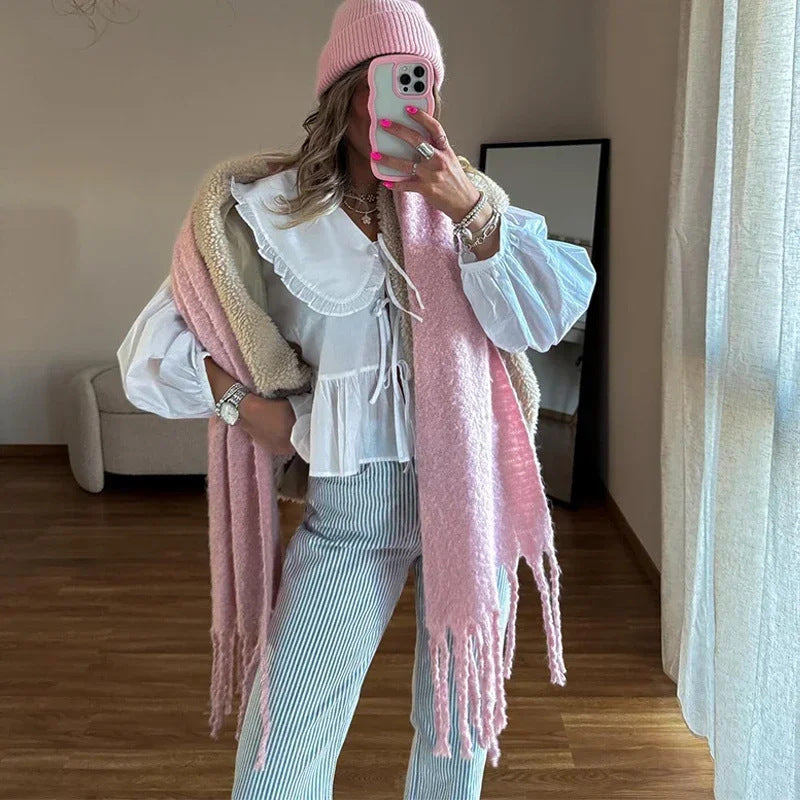 Damen verspielte Bluse mit Rüschensaum und oversized Kragen Drune