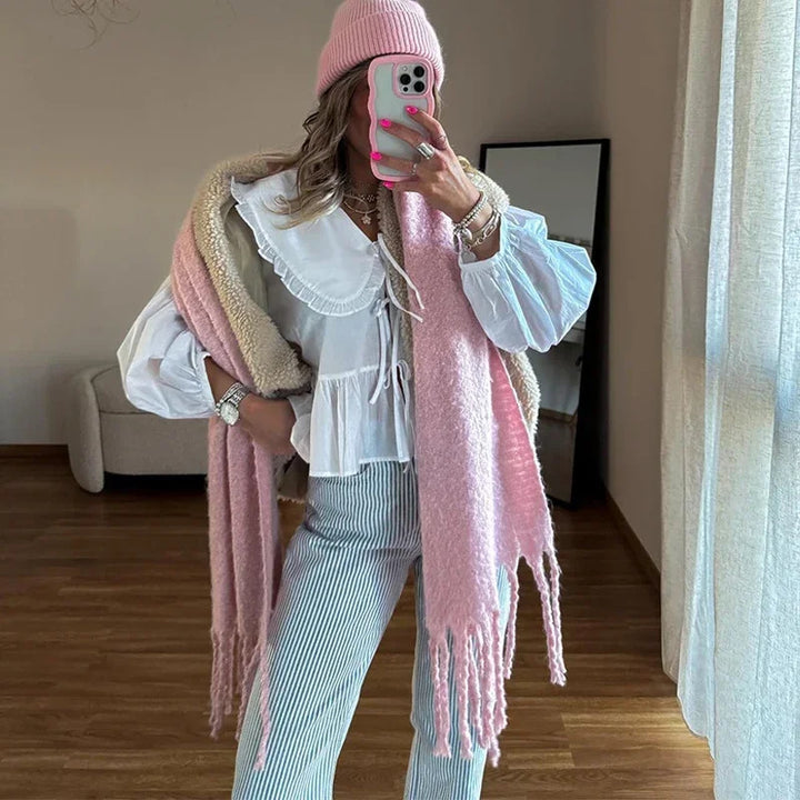 Damen verspielte Bluse mit Rüschensaum und oversized Kragen Drune