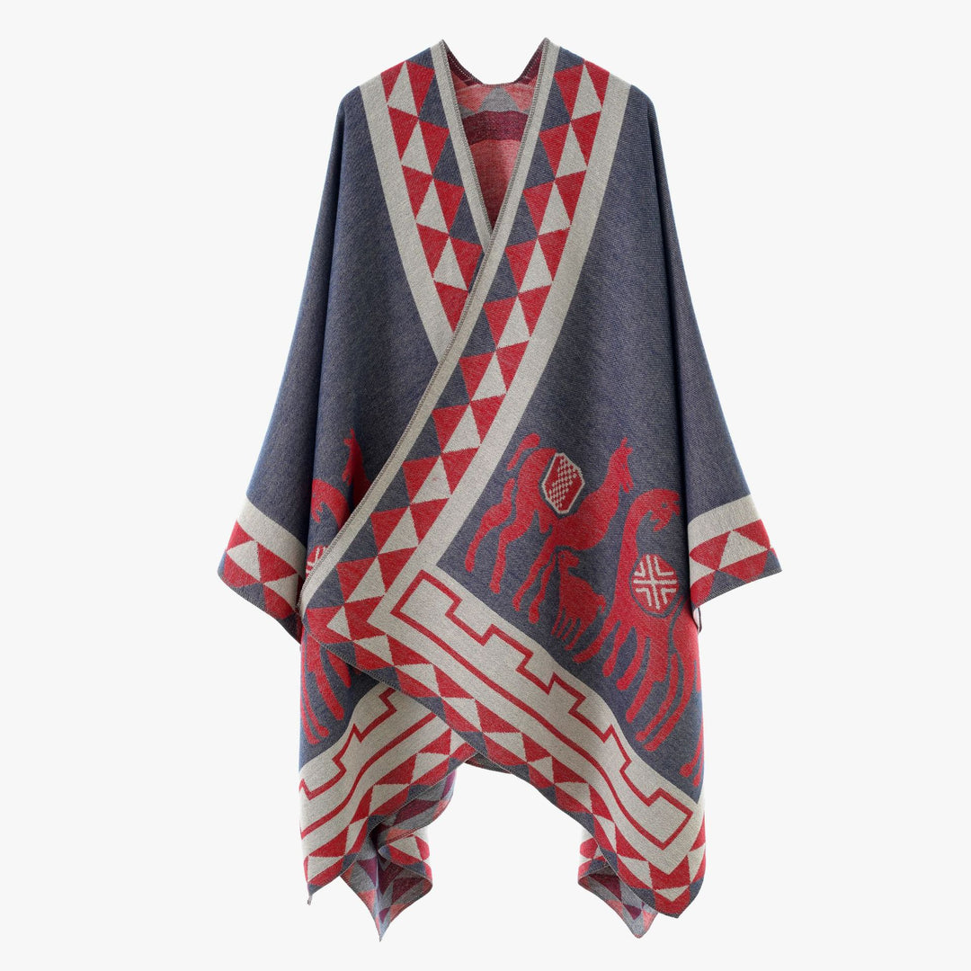Damen Jacquard-Poncho mit Reitmotiv und geometrischem Bordürenmuster Drune