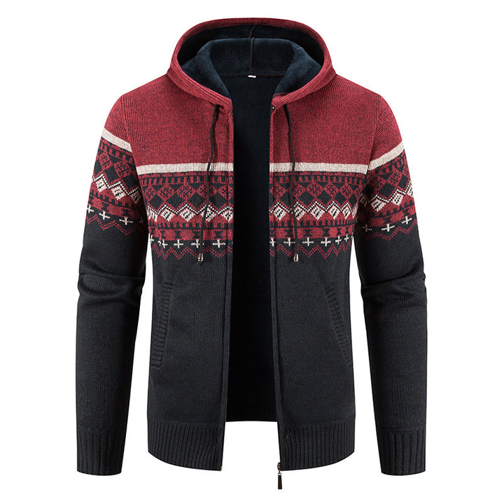 Herren nan gefütterte Strick-Zipjacke im Norwegerstil mit Kapuze und Thermofleece Drune