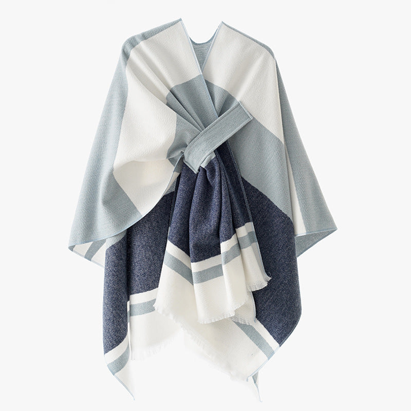 Damen Oversize-Capeponcho aus Wollmix mit Bindeschlaufe und Streifenbordüre Drune