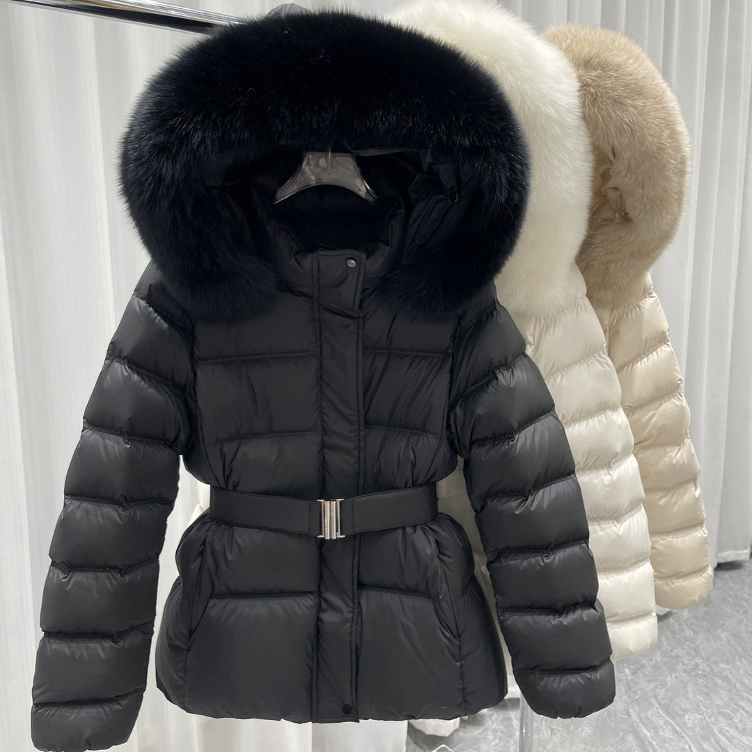 Damen Taillierte Stepp-Pufferjacke mit Gürtel, hohem Kragen und abnehmbarem Fellbesatz Drune