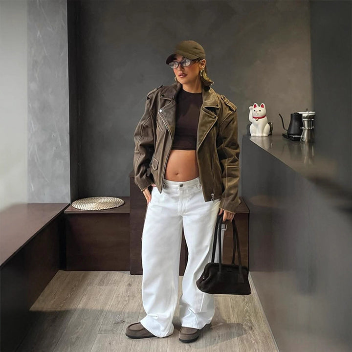 Damen Veloursleder‑Optik Bikerjacke mit Schulterklappen und asymmetrischem Reißverschluss Drune