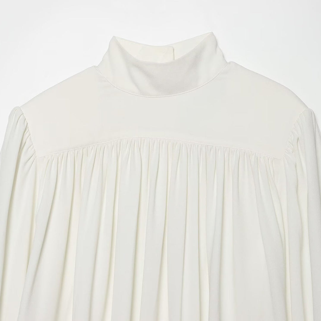 Damen Bluse mit hohem Rollkragen, gerafftem Vorderteil und Schleifenärmeln Drune