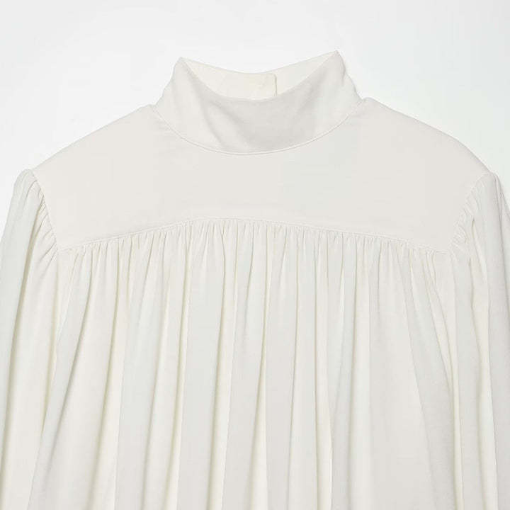 Damen Bluse mit hohem Rollkragen, gerafftem Vorderteil und Schleifenärmeln Drune
