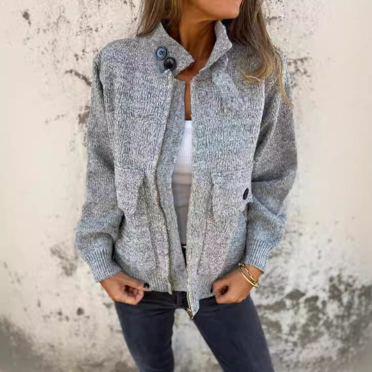 Damen weiche Strickjacke mit wärmeisolierendem Kragen und aufgesetzten Taschen Drune