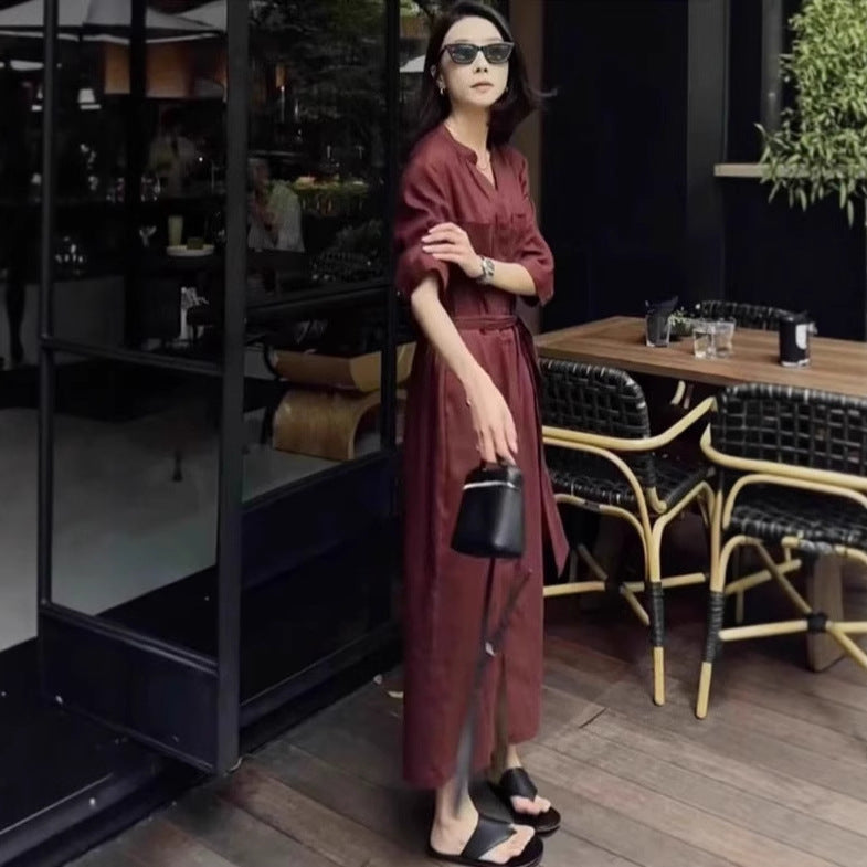Damen Leichter Culotte-Jumpsuit mit Stehkragen, 3/4-Ärmeln und Taillengürtel Drune