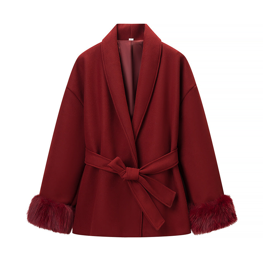 Damen Modische Jacke mit weich gefüttertem Kragen und Bindegürtel Drune
