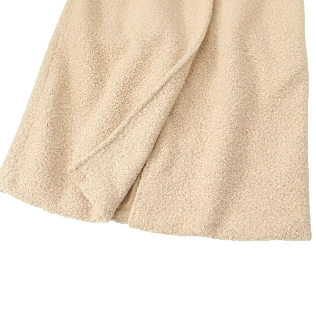 Damen Zweireihiger Teddy‑Mantel mit Bindegürtel und Schnallenärmeln Drune