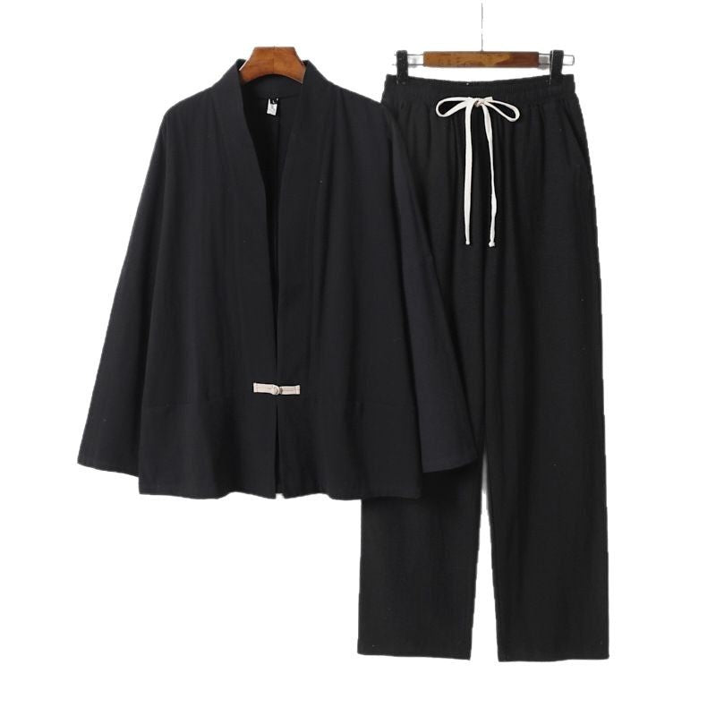 Herren Zen-inspiriertes Kimono-Loungewear-Set aus leichter Baumwollmischung mit offenem Schnitt und Kordelbundhose Drune