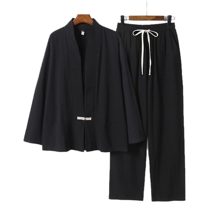 Herren Zen-inspiriertes Kimono-Loungewear-Set aus leichter Baumwollmischung mit offenem Schnitt und Kordelbundhose Drune