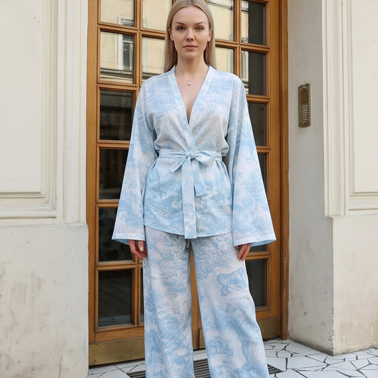 Damen Zweiteiliges Wickel-Set im Kimono-Stil mit weitem Bein Drune