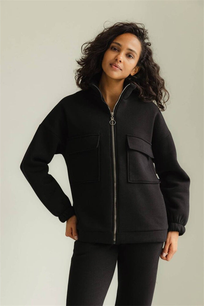 Damen modische Fleecejacke mit hohem Kragen und praktischen Taschen Drune