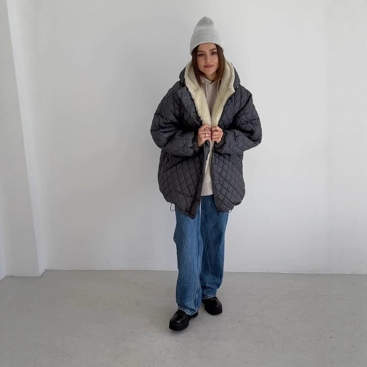 Damen Oversize Steppjacke mit Teddyfutter und Kapuze Drune