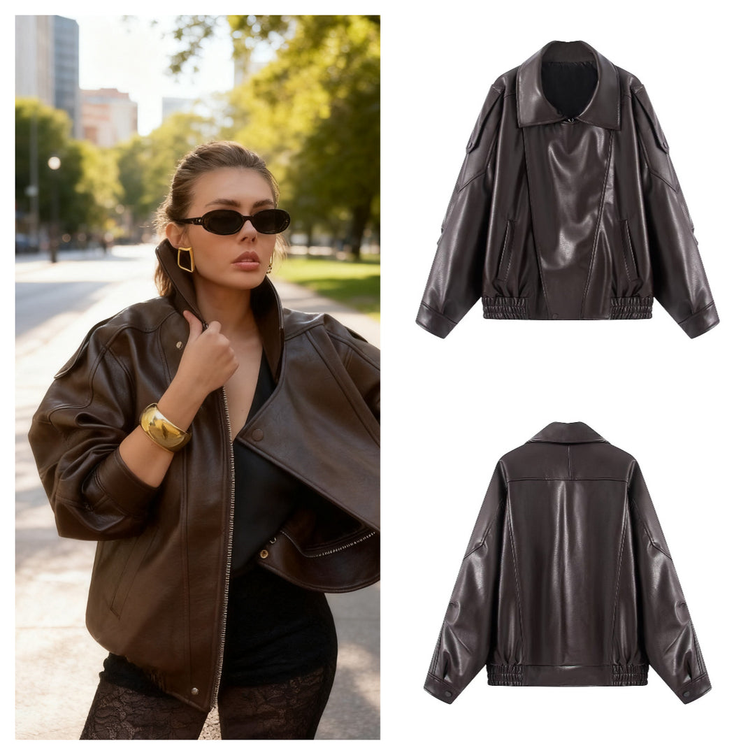 Damen Kunstlederjacke mit innovativem Design und praktischen Taschen Drune