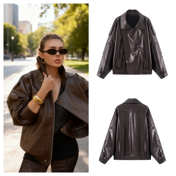 Damen Kunstlederjacke mit innovativem Design und praktischen Taschen Drune