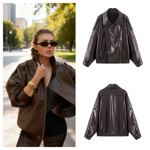 Damen Kunstlederjacke mit innovativem Design und praktischen Taschen Drune