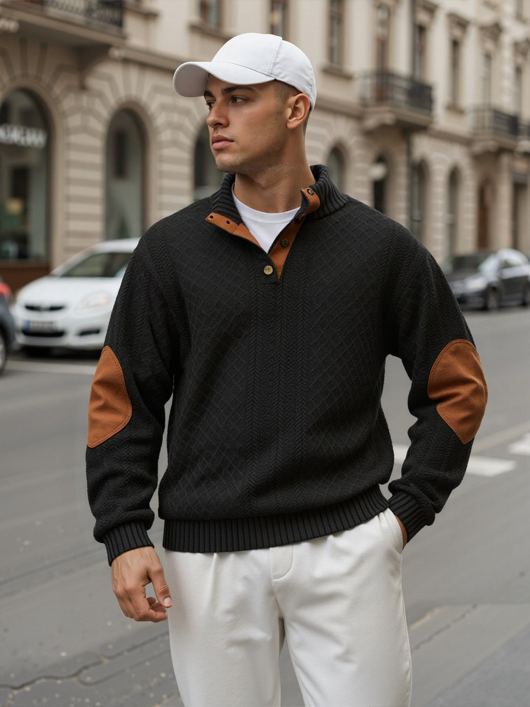 Herren Troyer-Pullover mit Stehkragen, strukturierter Strickoptik und Kontrast-Ellbogenpatches Drune