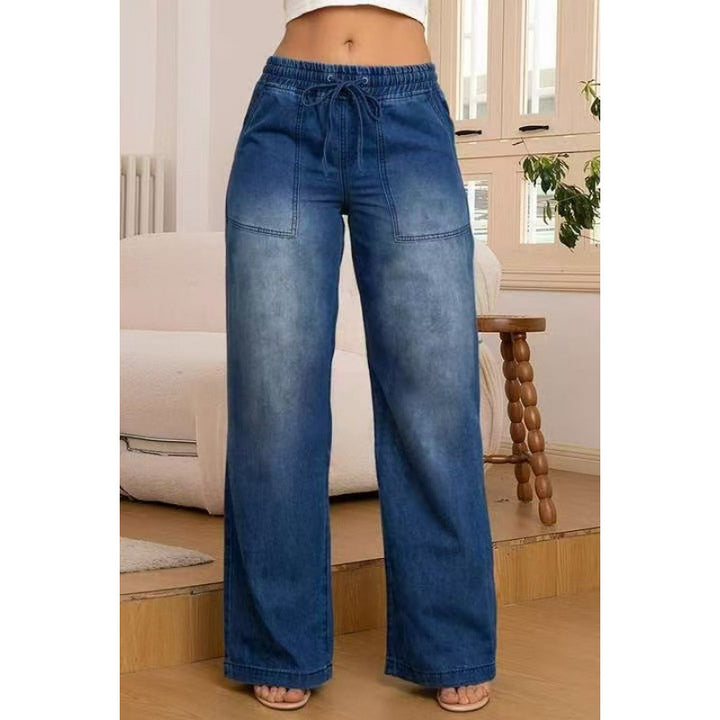 Damen weite Denim-Hose mit elastischem Bund und seitlichen Taschen Drune