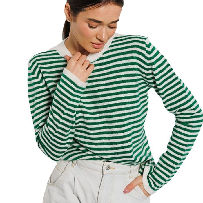 Damen gestreifter Strickpullover mit Rundhalsausschnitt und langem Arm Drune