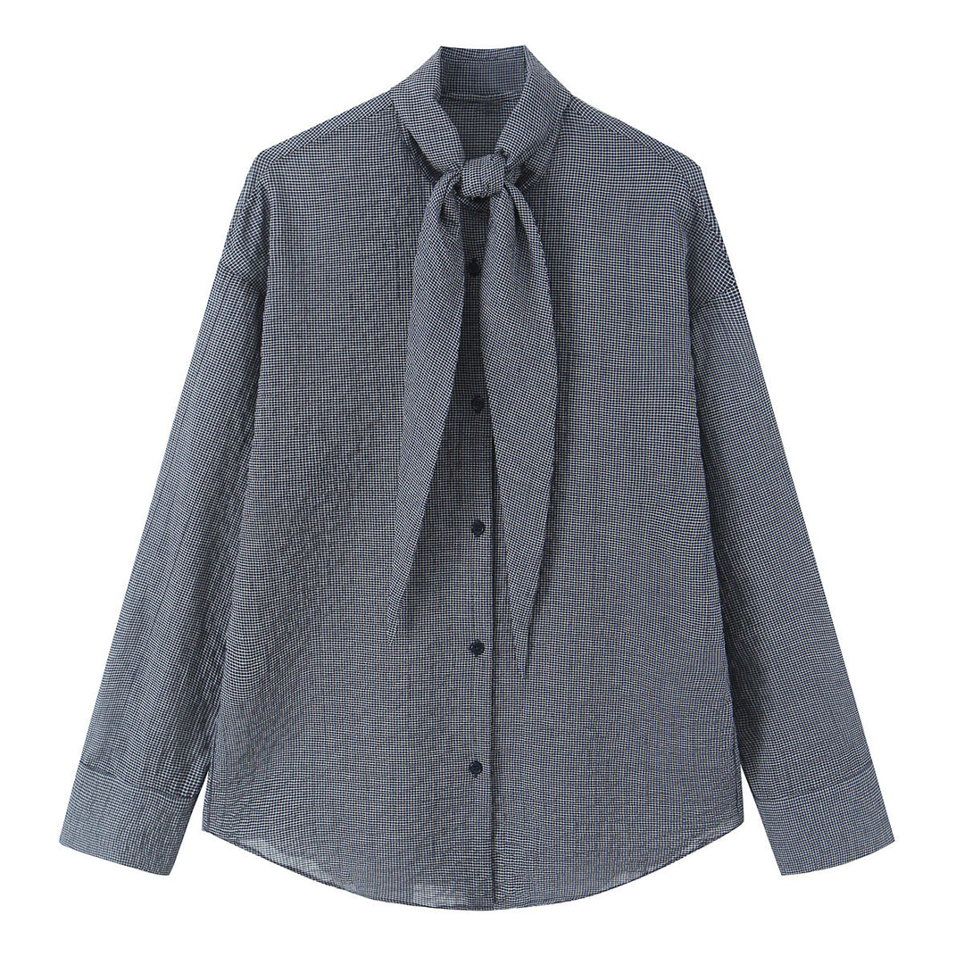 Damen Oversize-Bluse mit Schleifenkragen und feinem Vichy-Karo Drune