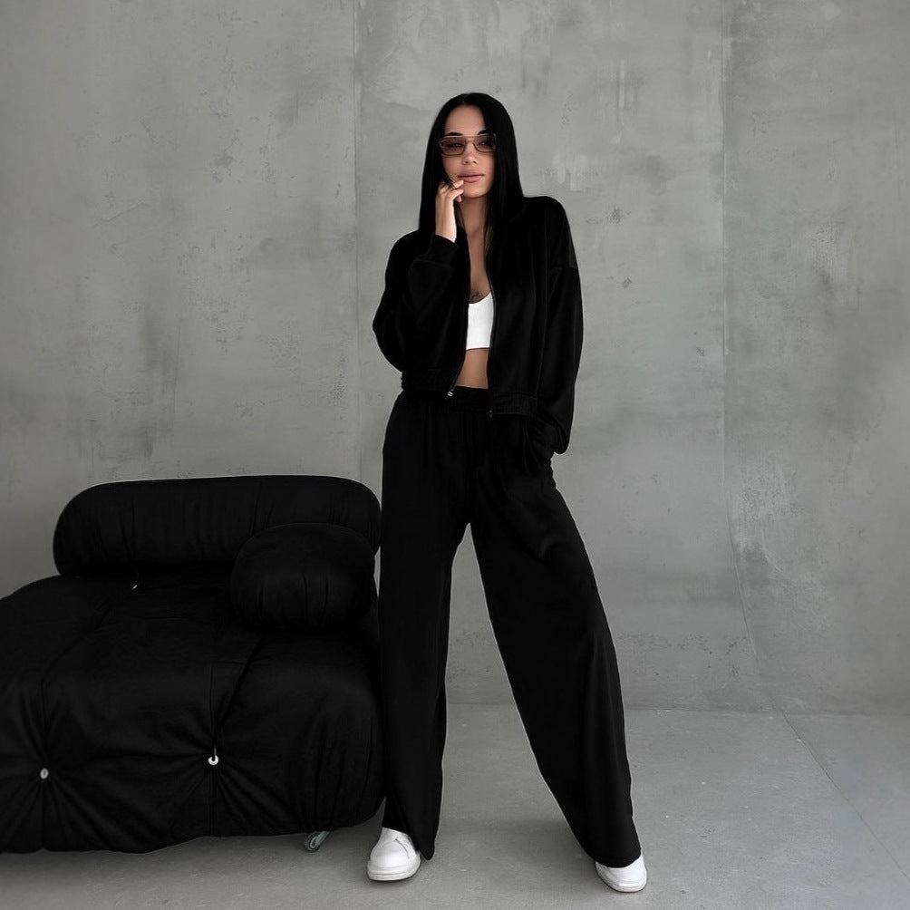 Damen Samt-Loungewear-Set mit kurzem Reißverschluss und geraffter Taillenpartie Drune