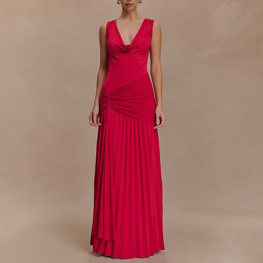 Damen Elegantes Maxikleid mit fließendem Stoff und Raffungen Drune