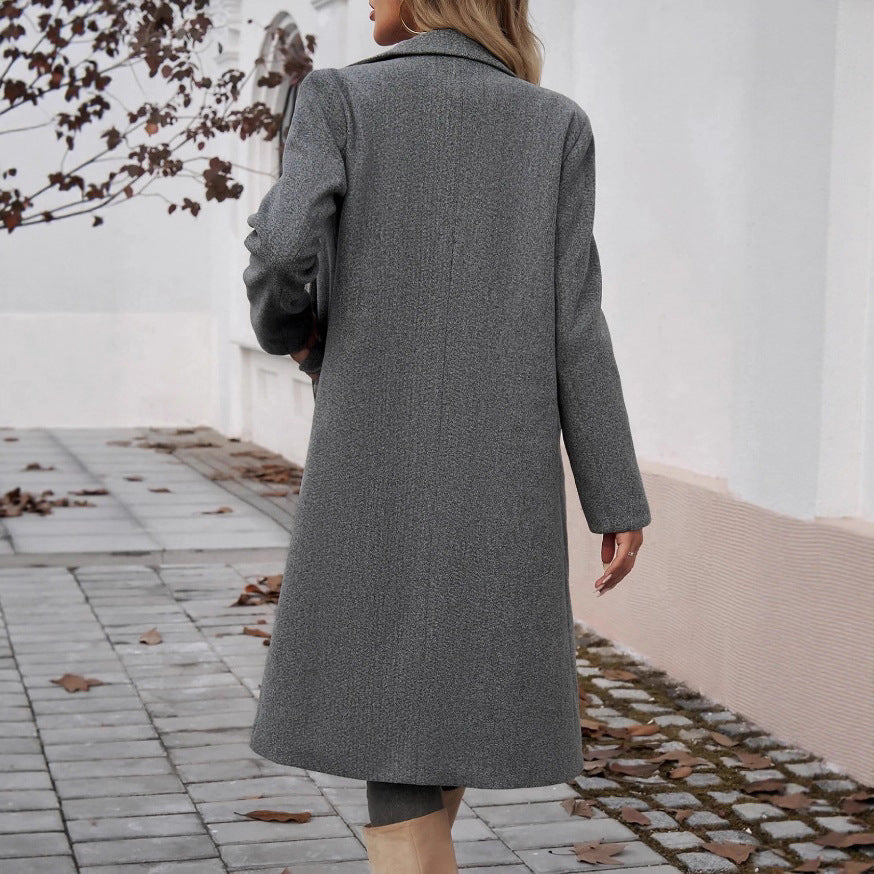 Damen modischer Langmantel mit doppelter Knopfleiste und Taschen Drune