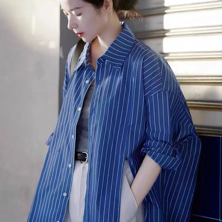 Damen Oversize-Streifenhemd mit verlängertem Saum und kastiger Passform Drune