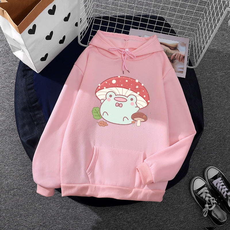 Damen nan weicher Oversize-Kapuzenpullover mit kawaii Pilzfrosch-Print, Kängurutasche und gerippten Bündchen Drune