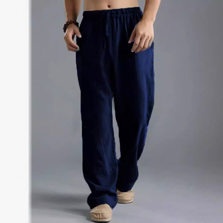 Herren nan lässige Leinenhose mit elastischem Bund, Kordelzug und geradem Bein Drune
