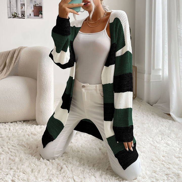 Damen Longline Strickcardigan mit breiten Blockstreifen, offener Front und überschnittener Schulter Drune