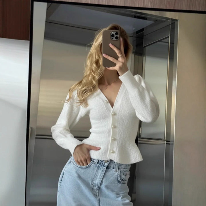 Damen Eleganter Strickcardigan mit Perlenknöpfen Drune