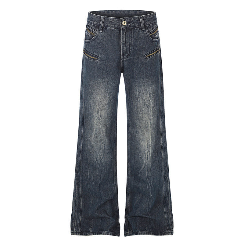 Damen Weite Denim‑Palazzo‑Jeans mit hohem Bund und Zier‑Reißverschlusstaschen Drune