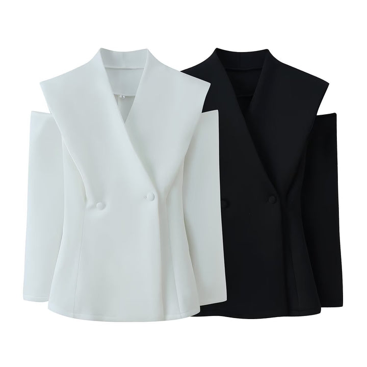 Damen 600+ ärmelloser taillierter Blazer mit weitem Schalkragen und doppelreihiger Knopfleiste Drune