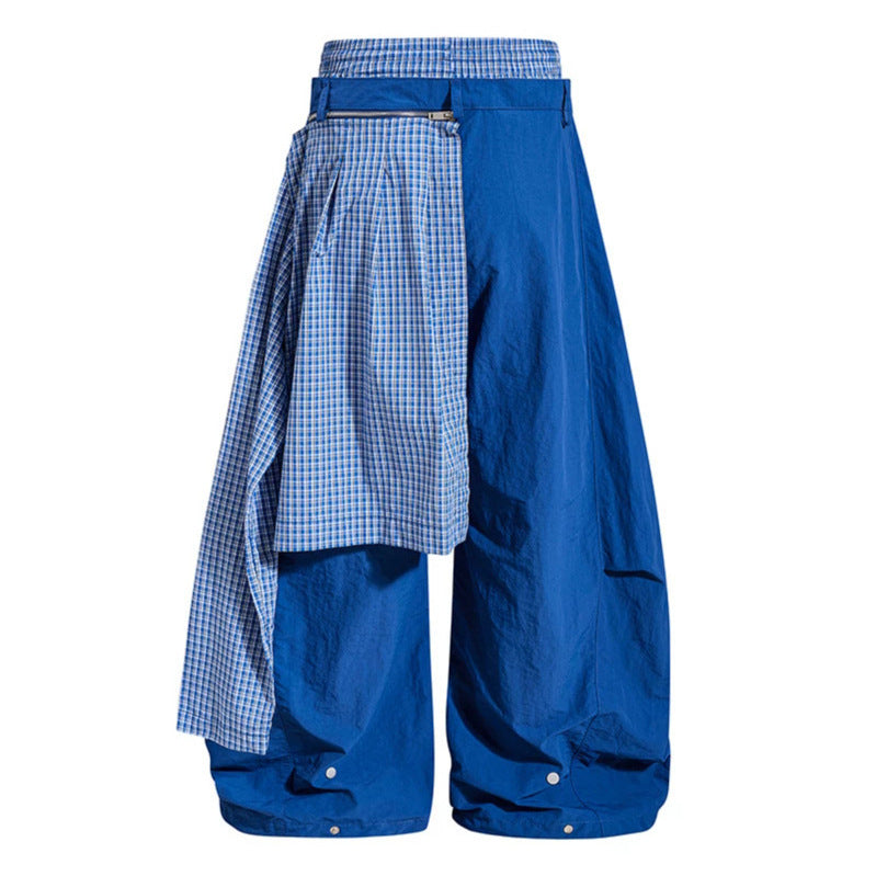 Damen weite Baggy-Hose mit asymmetrischem Karo-Seitenteil und Tunnelzug Drune