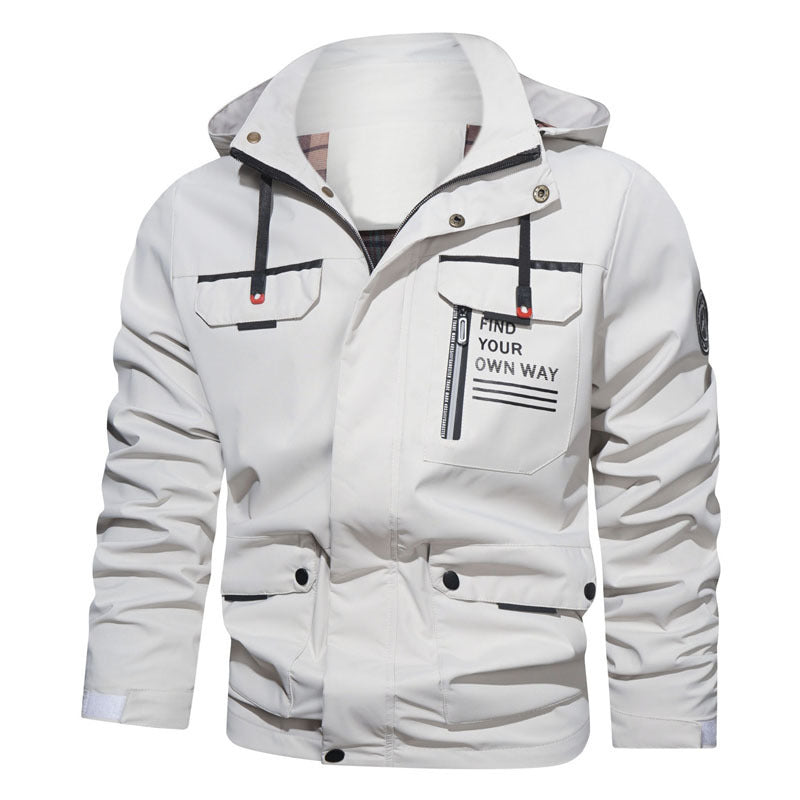 Herren wasserabweisende Kapuzen-Fieldjacke mit Brustreißverschluss und Multifunktions-Taschen Drune