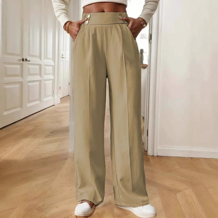 Damen Hochtaillierte Weite Palazzo‑Hose mit Bundknöpfen, Bügelfalte und Eingrifftaschen Drune