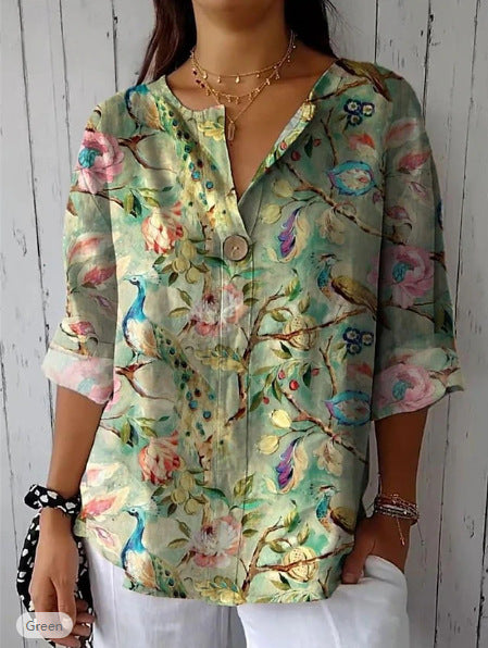 Damen Lose Blumenmuster Leinenlook Bluse Tunika mit V-Ausschnitt und Dreiviertelärmeln Drune