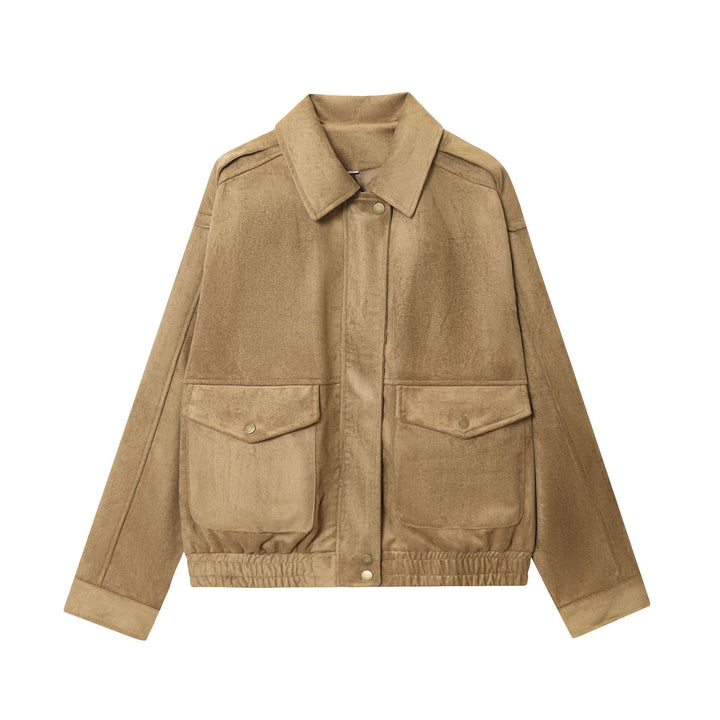 Damen 20+ Cropped Wildlederoptik‑Blousonjacke mit aufgesetzten Pattentaschen und elastischem Bund Drune